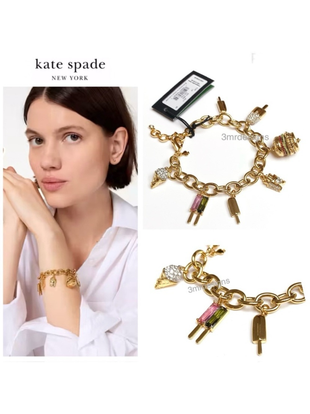 NWT Kate Spade♠️FAST FOOD CHARM 12-K Gold Plated CZ Crystals Charm Bracelet